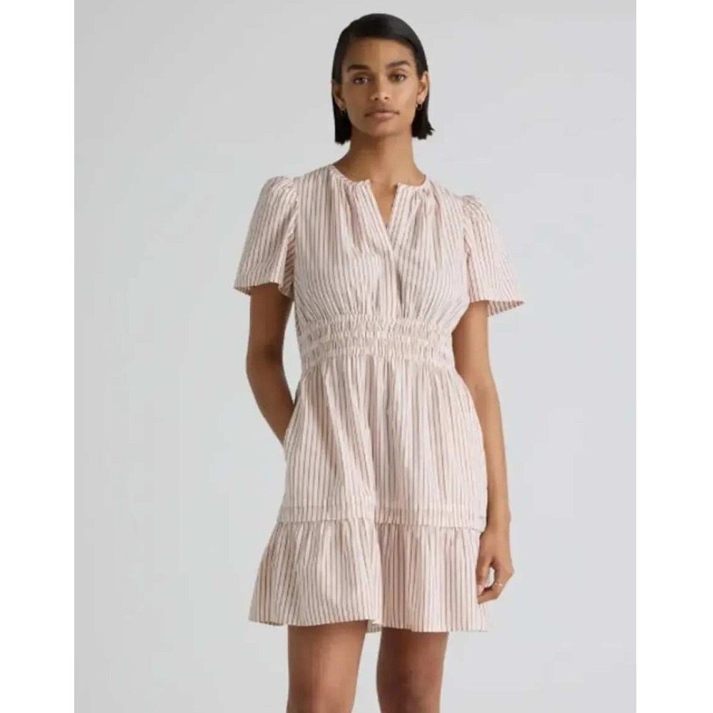 Quince 100% Organic Cotton Poplin Tiered Mini Dress Large Striped Minimalist